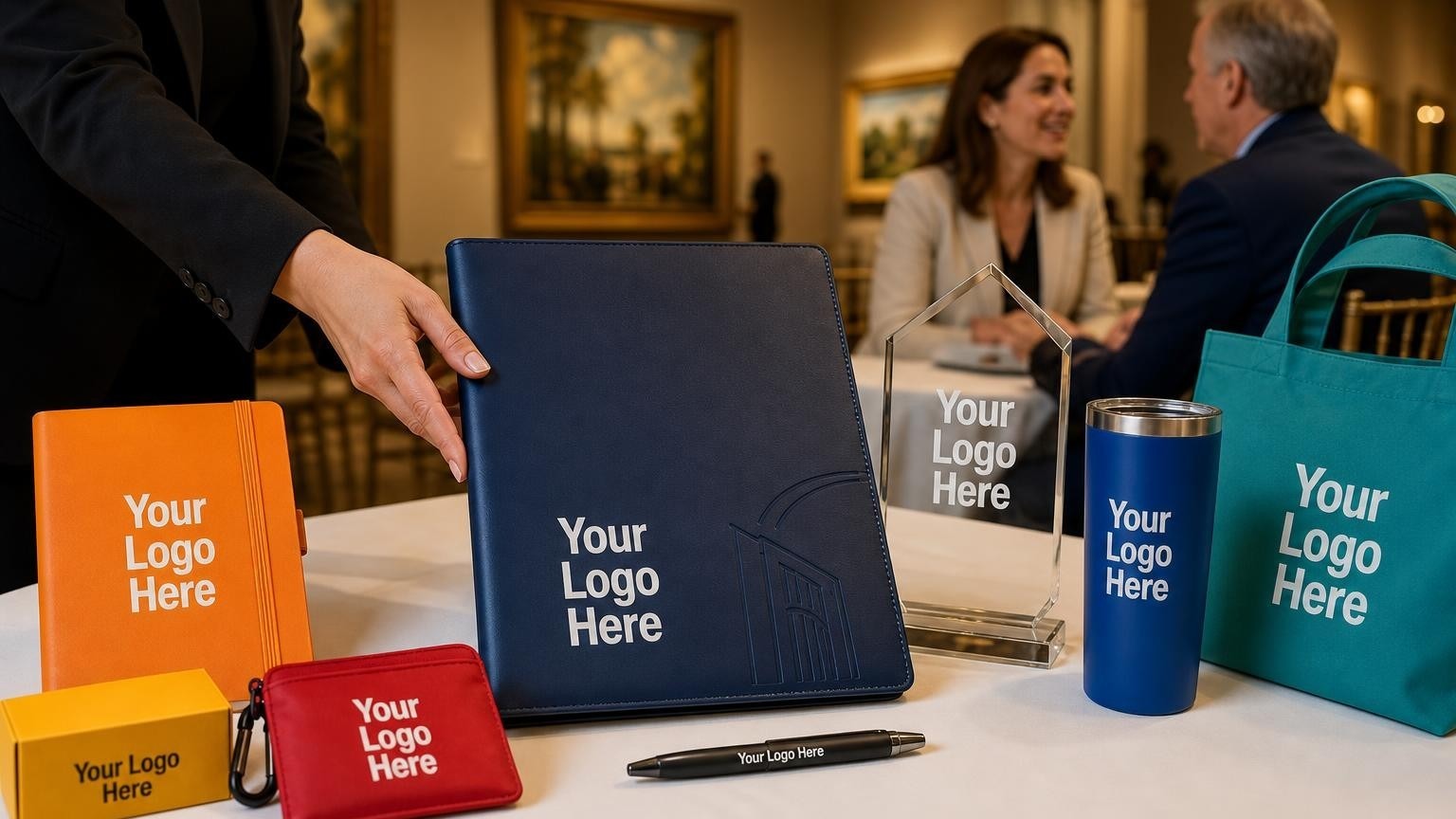 A premium debossed leatherette portfolio and glass award set on a banquet table inside a softly lit museum gallery.