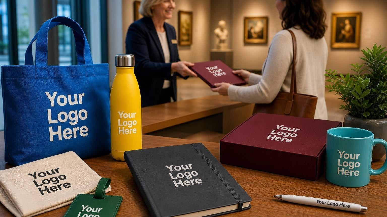 A custom debossed museum journal resting on a lobby desk with a gallery preview in the blurred background.