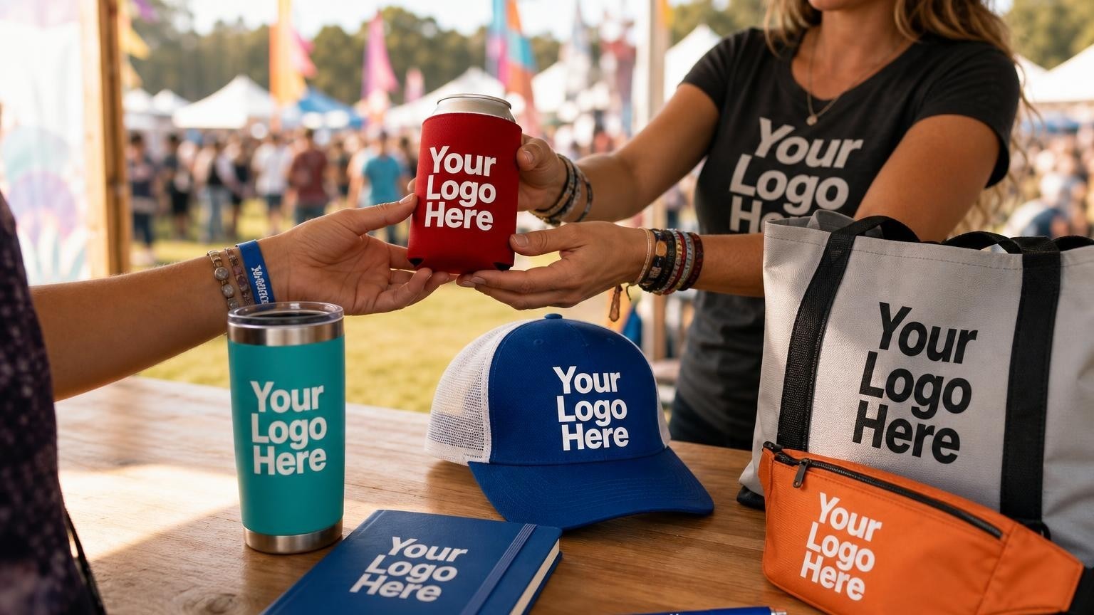 A high-quality custom can cooler and structured baseball cap sitting on a wooden table inside a music festival sponsor booth, with the vibrant, sunlit festival grounds softly blurred in the background.