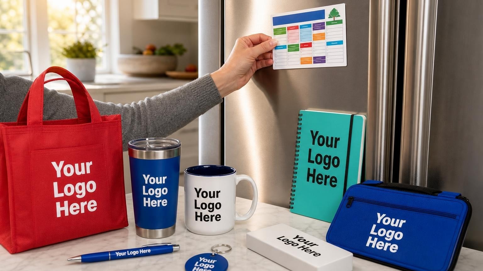A custom refrigerator magnet with a local schedule being placed on a stainless steel refrigerator door in a bright kitchen.