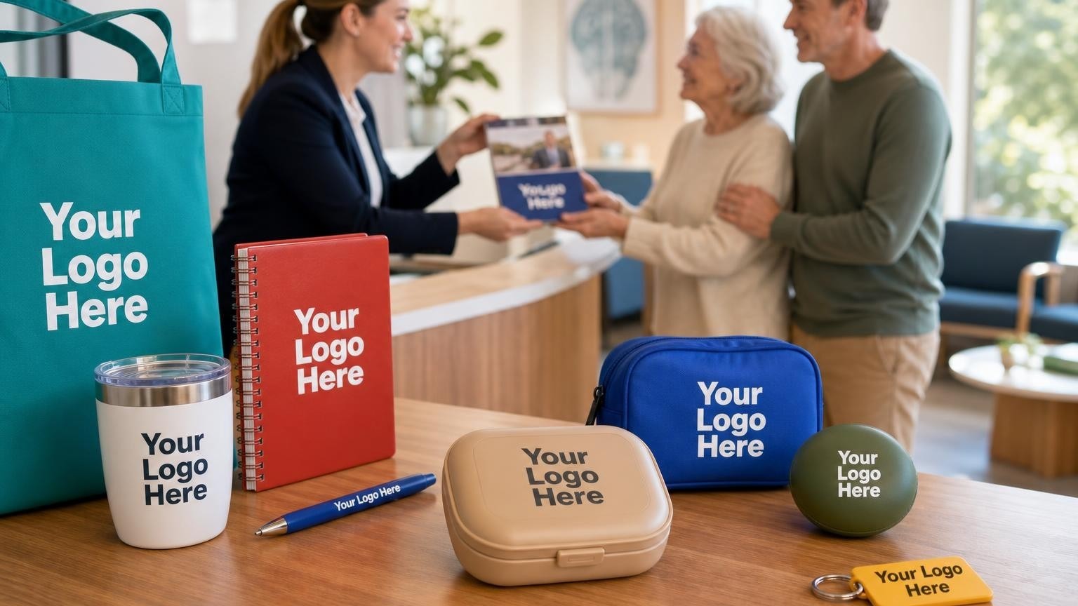 A custom pill box on a clinic counter with a coordinator handing a calendar packet to a patient and caregiver in a warm, professional neurology waiting room.