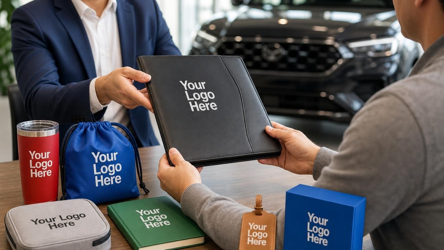 A professional sales consultant handing a high-quality leatherette document folder to a customer in a modern car dealership delivery bay.