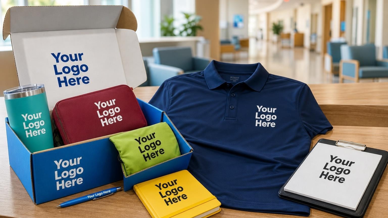 A professional driver uniform polo shirt and clipboard on a hospital discharge desk, representing clinical trust and NEMT operational readiness.
