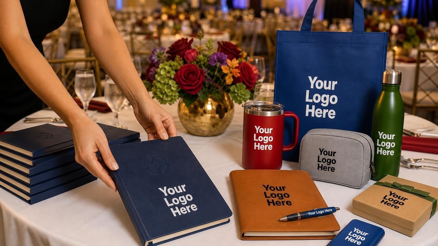 A stack of closed navy blue journals with subtle debossed emblems on a hotel ballroom table before a fundraising gala.
