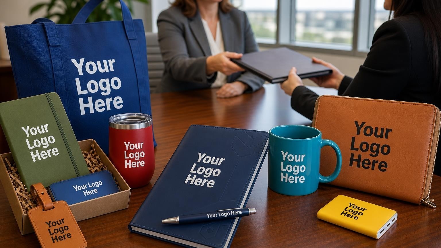 A professional dark blue note jotter and sleek metal pen on a wooden conference table during a real estate closing.