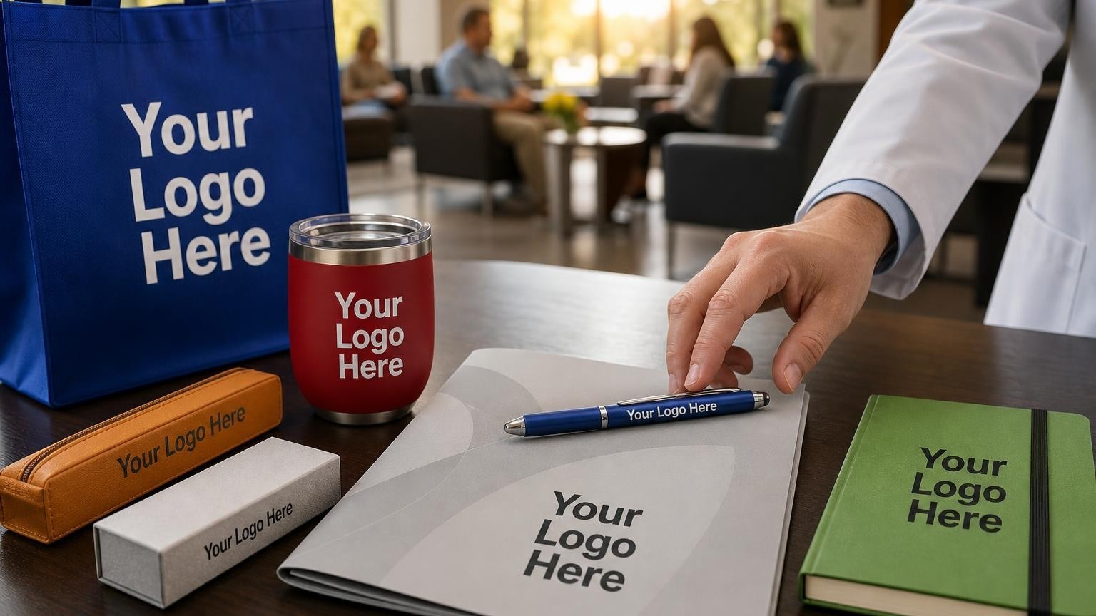 A high-quality custom metal stylus pen resting on a clinical referral folder in a nuclear medicine clinic office.