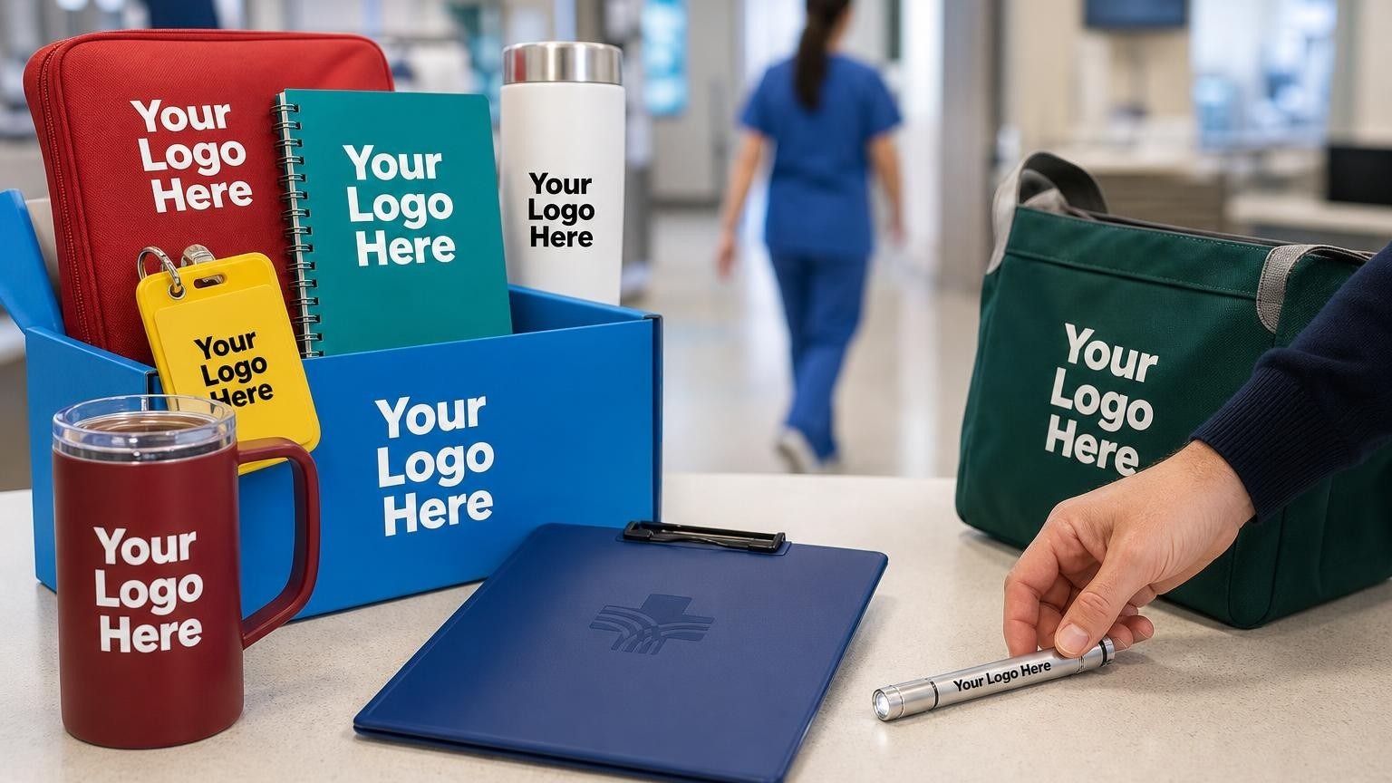 A custom navy clinical storage clipboard and diagnostic penlight on a hospital nursing unit counter.
