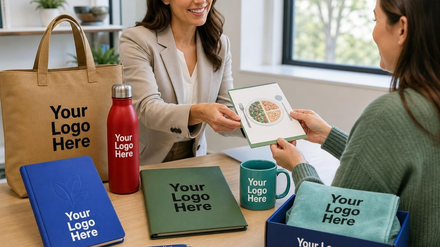 A customized meal-planning journal and portion guide on a dietitian's desk during a patient consultation.