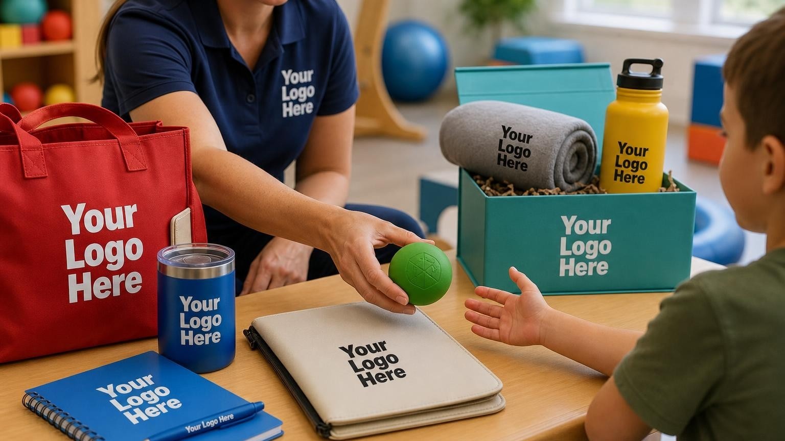 A custom-branded hand-exercise squeeze ball and document holder on a pediatric occupational therapy table.
