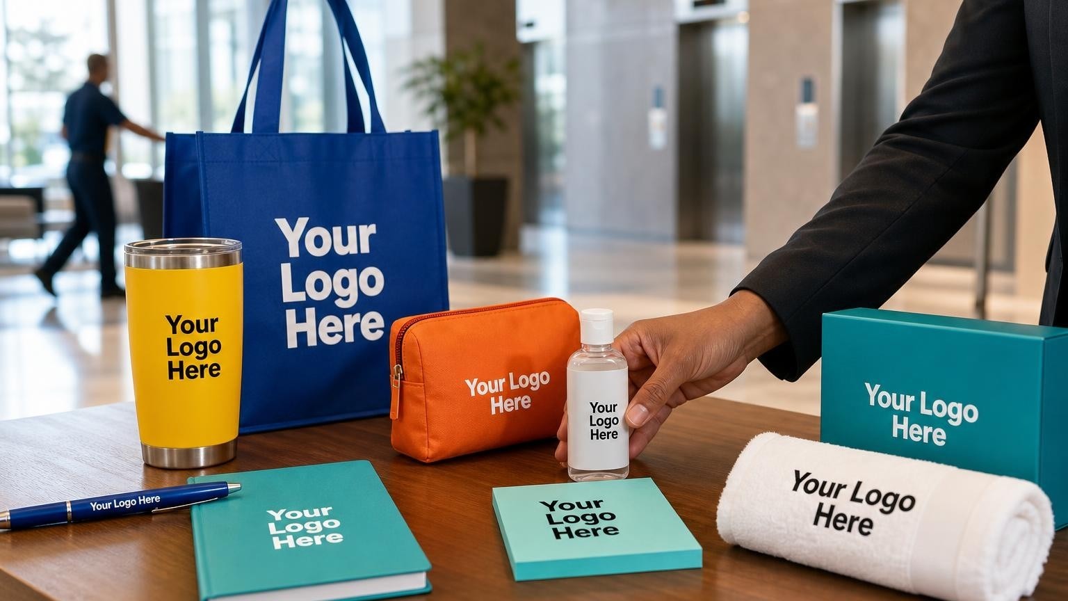 A custom hand sanitizer bottle and sticky note pad on a polished corporate desk, representing professional leave-behind gear for commercial cleaning companies.