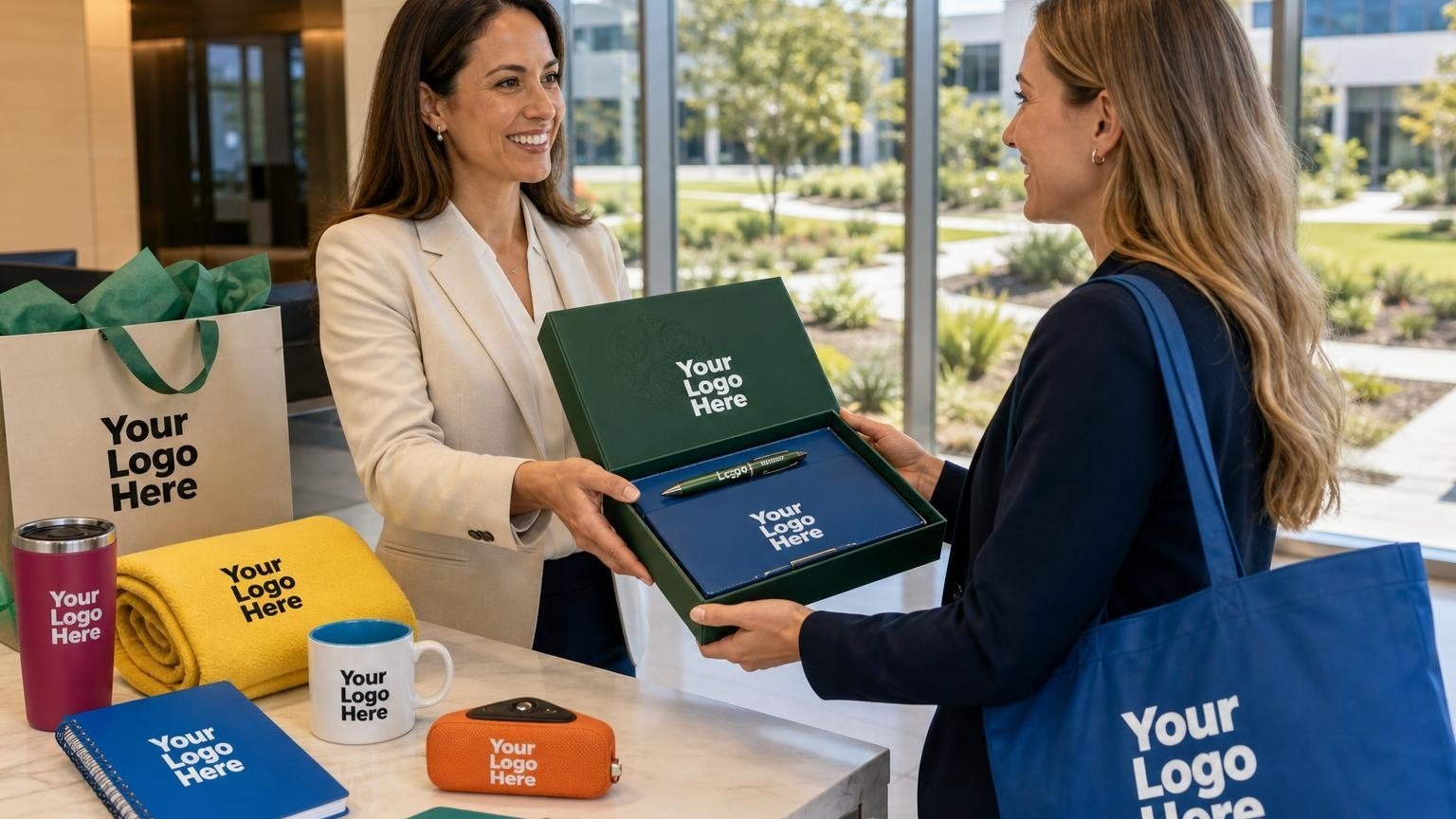 A property manager presenting a customized executive welcome gift box to a new tenant office manager in a bright, modern office park lobby.