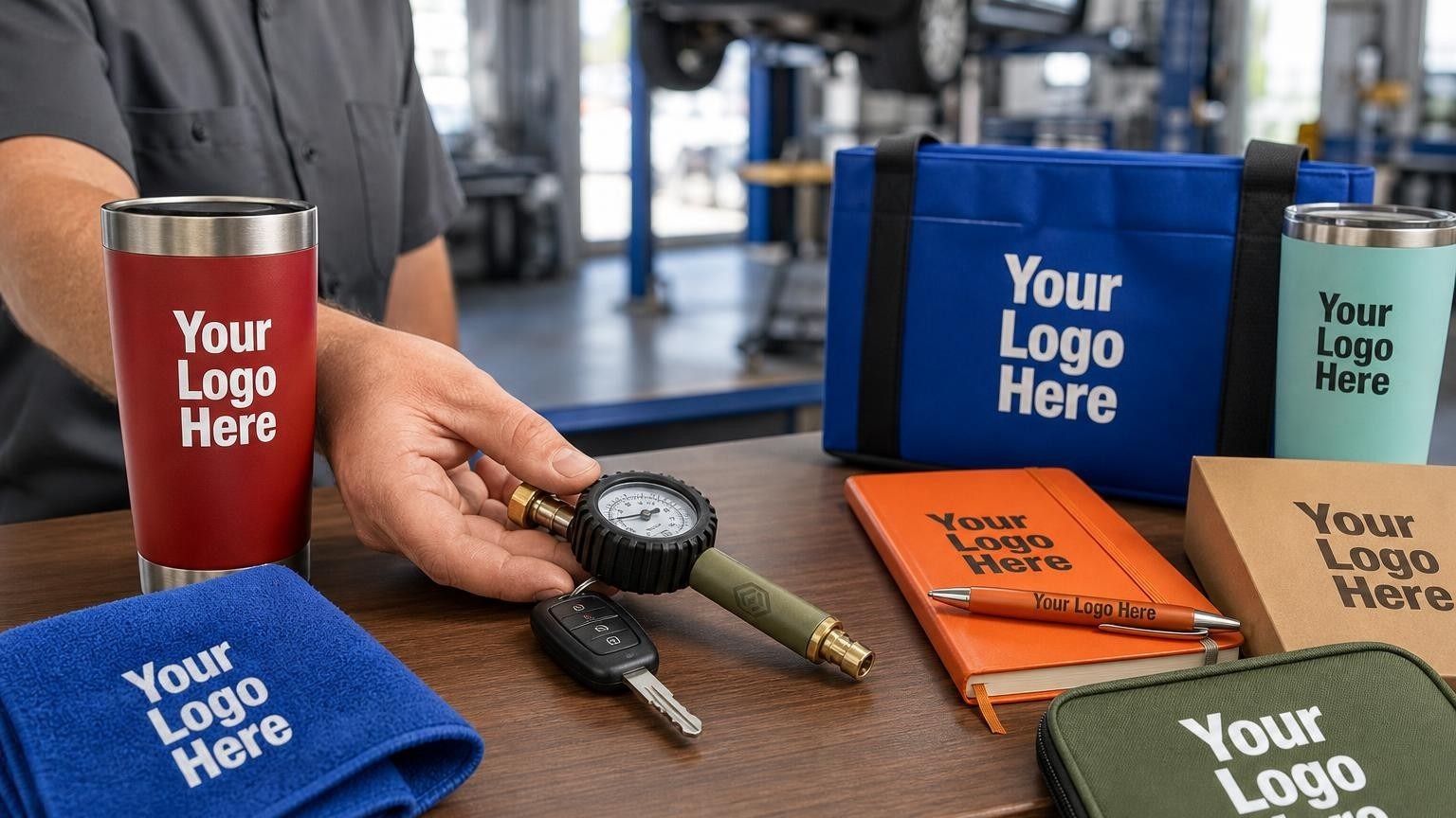 A custom tire pressure gauge and car keys on an oil change center counter with a blurred service bay in the background.