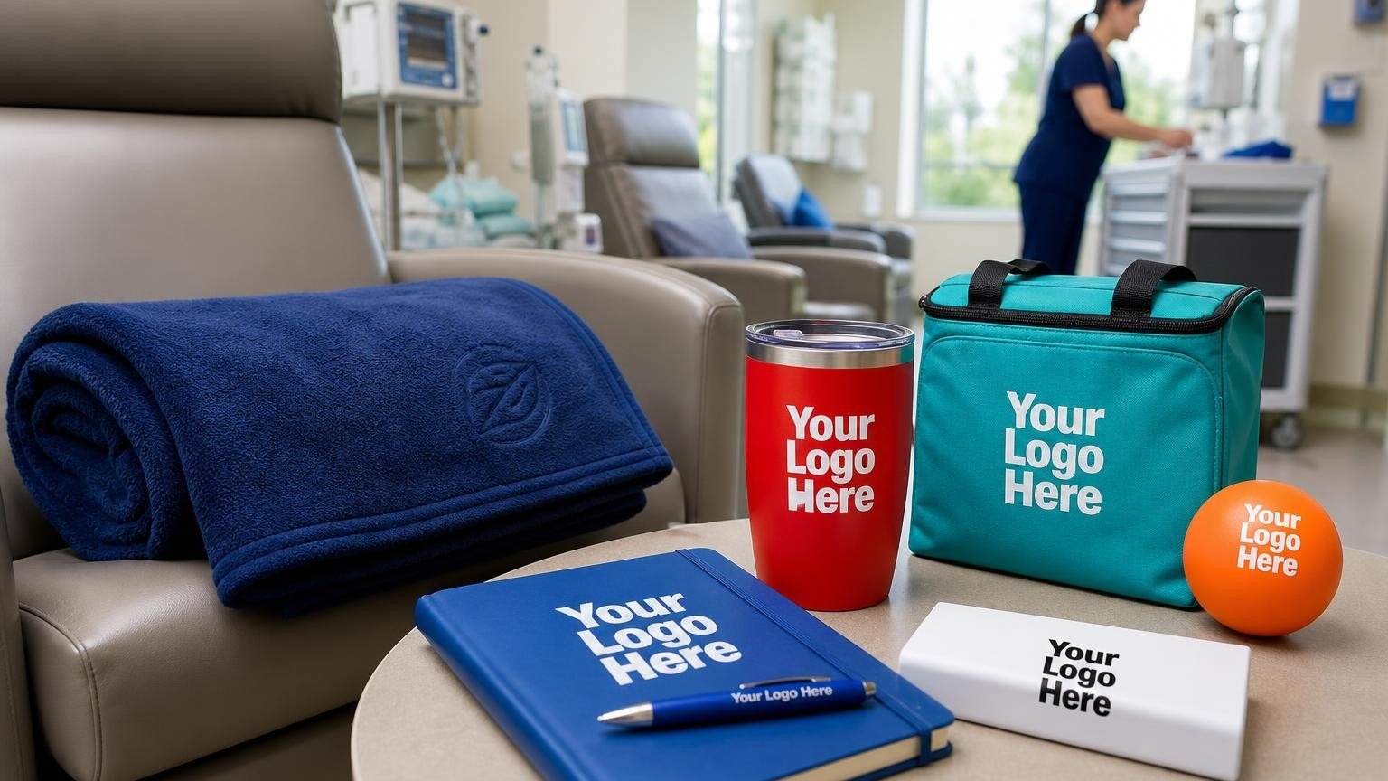 A neatly folded navy fleece blanket on a reclining chair inside a quiet oncology infusion suite, with a nurse in the background.