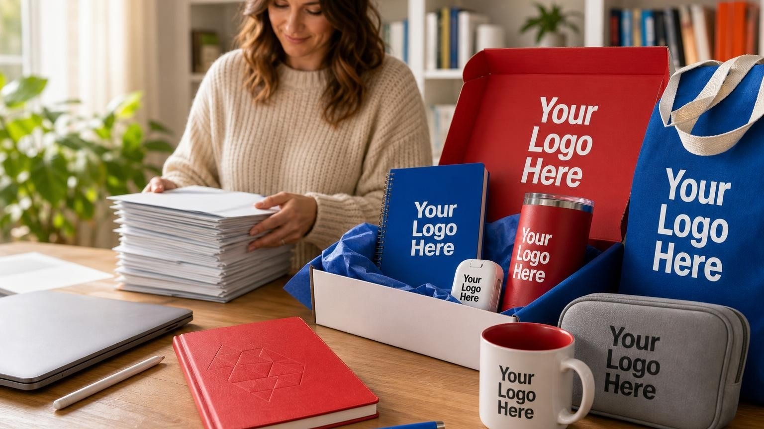 A custom softcover journal on a wooden desk next to a laptop in a bright home office, representing a physical welcome kit for online course creators.