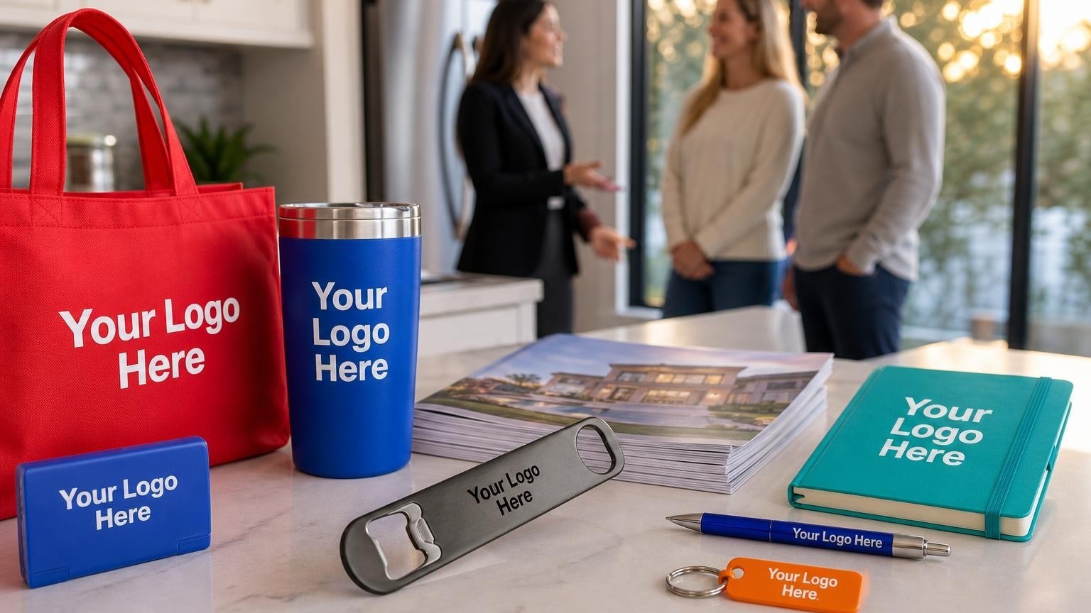 A heavy-duty custom metal bottle opener resting on a kitchen island during a residential open house walkthrough.
