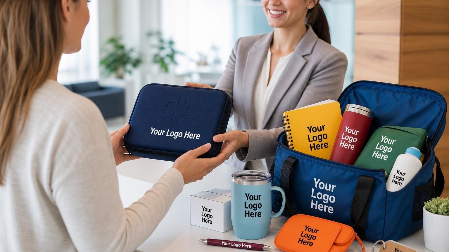 A professional custom first aid kit being handed to a caregiver at an oral surgery practice check-out counter.