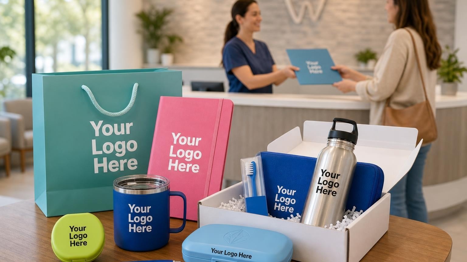 A custom-branded retainer case sitting on a side table in a bright orthodontic clinic lobby, with a clinical assistant handing a welcome folder to a parent in the background.