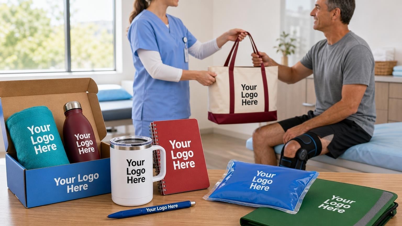 A custom blue medical gel pack on a desk in an orthopedic clinic as a nurse hands a discharge recovery bag to a patient in a knee brace.