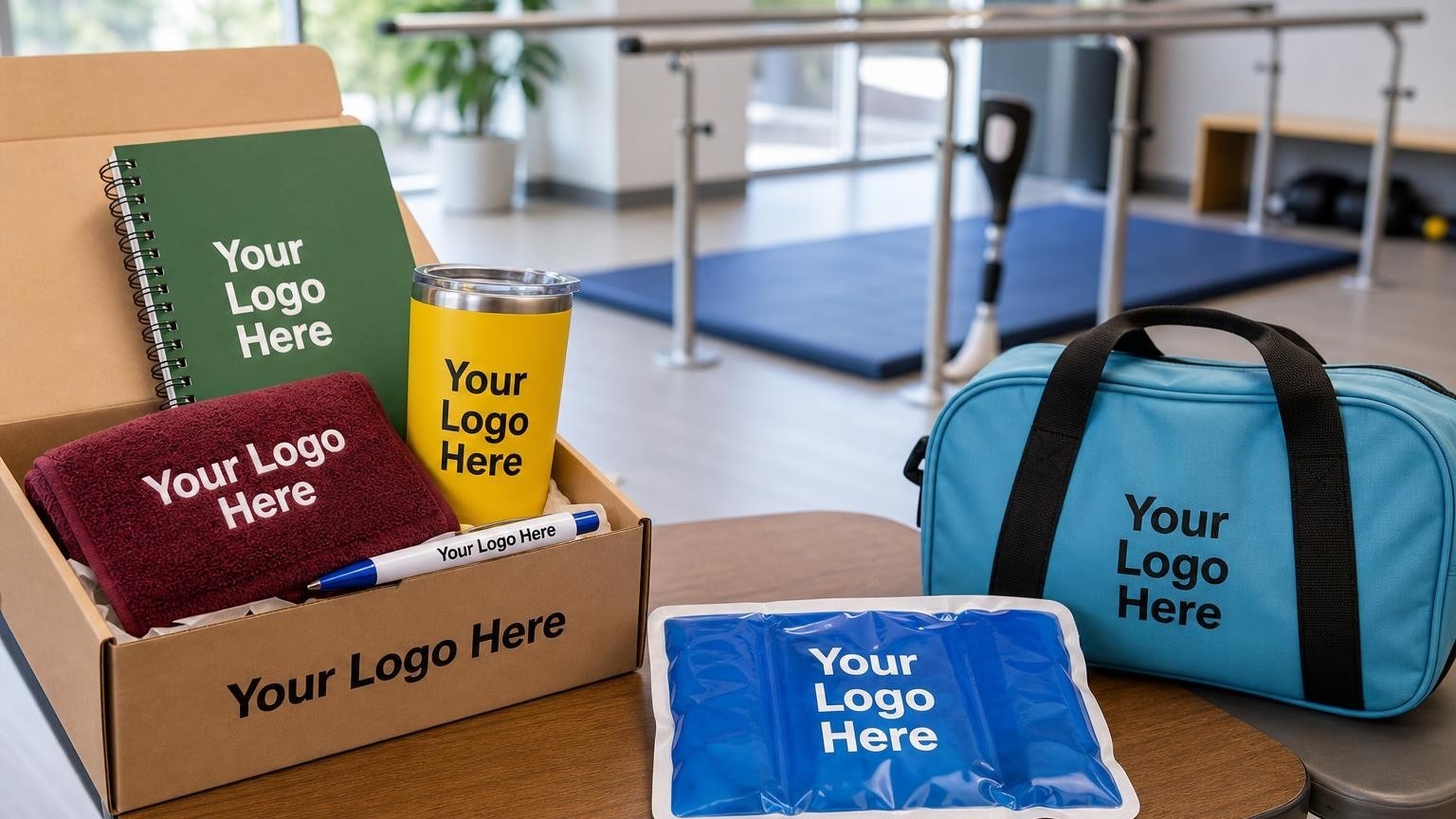 A custom-branded cold therapy pack sitting on a side table in a bright orthotics and prosthetics clinic fitting room.