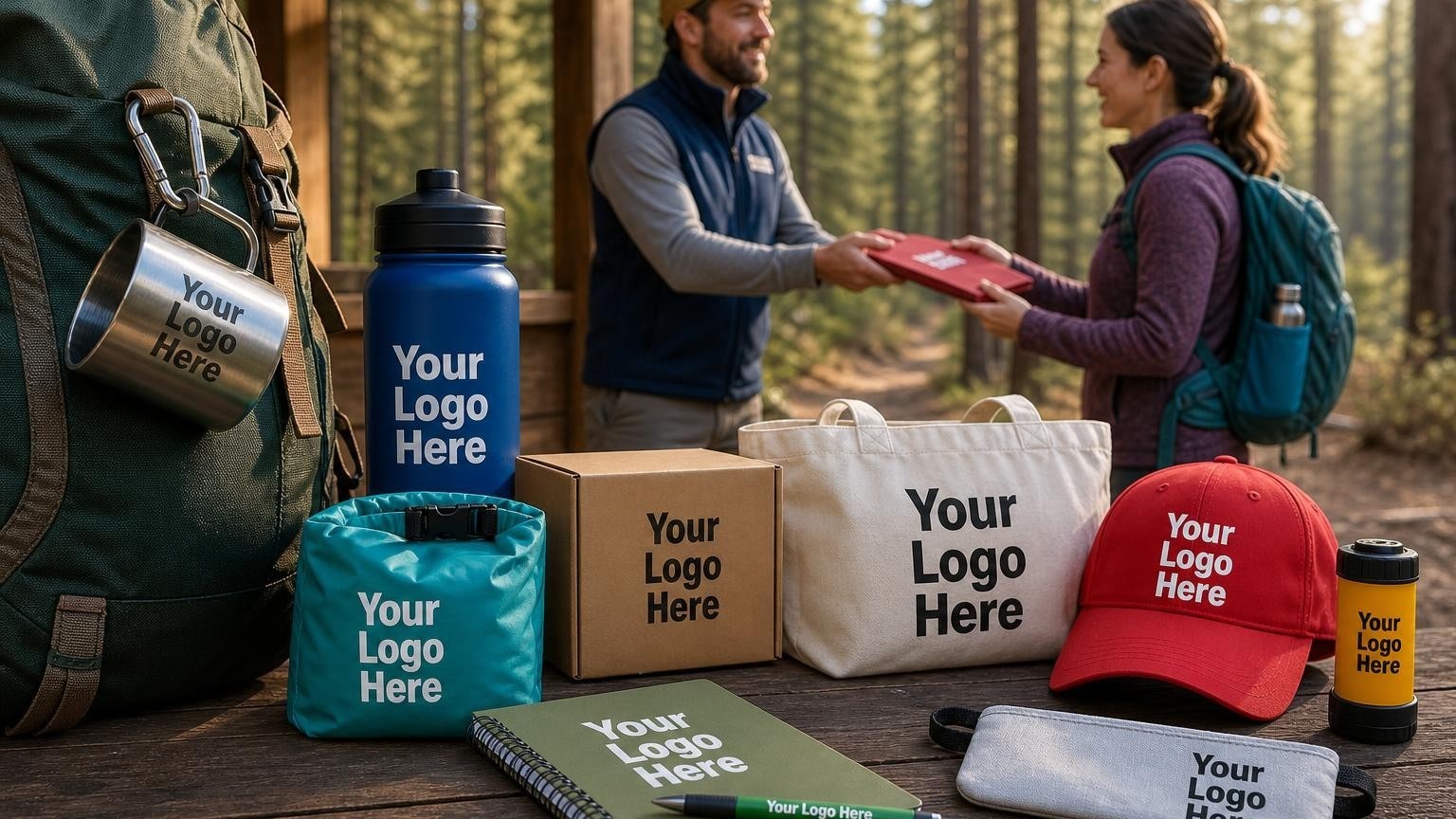 A rugged custom carabiner mug clipped to a canvas backpack at a trailhead, representing high-quality gear for outdoor adventure clubs.