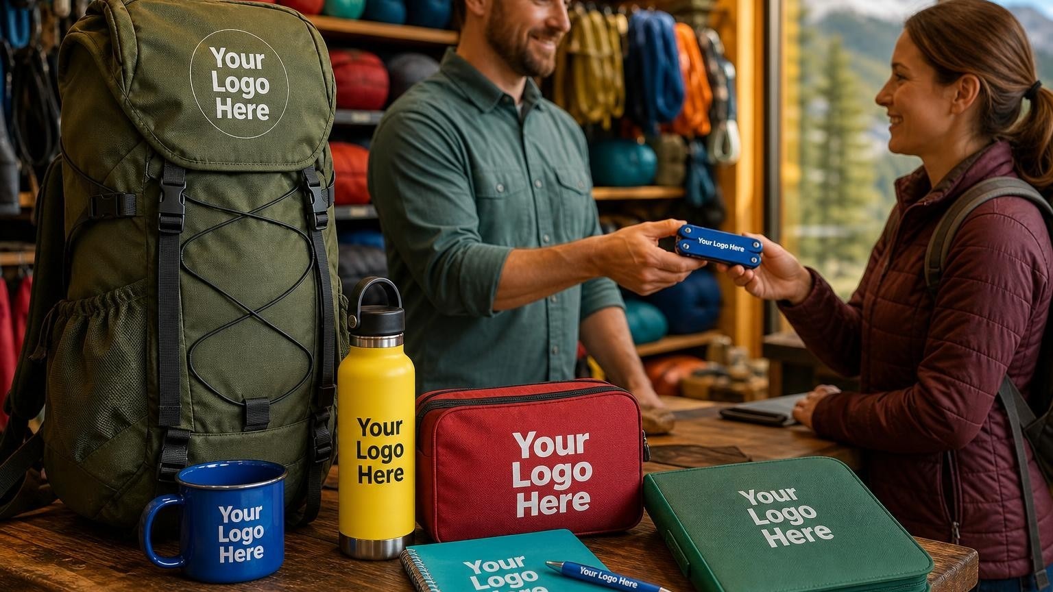 A custom-embroidered technical backpack resting on a wooden counter inside a mountain-side outdoor gear store as a sales associate hands a multi-tool to a customer.
