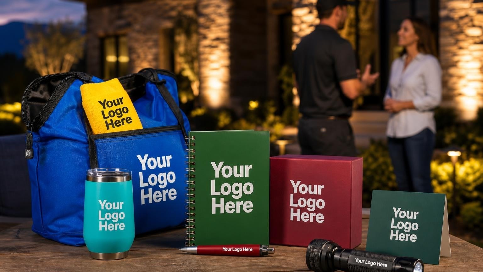 A premium custom metal flashlight and thank-you card on a patio table with a beautifully illuminated luxury home in the background at dusk.