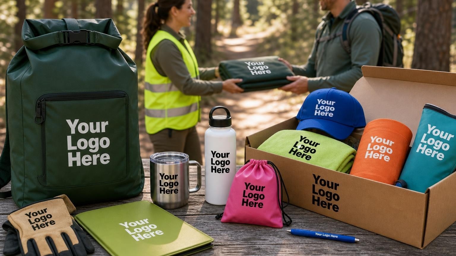 A forest green weather-resistant dry bag and work gloves on a trailhead picnic table, with a volunteer coordinator handing a blanket to a trail volunteer in the blurred background.