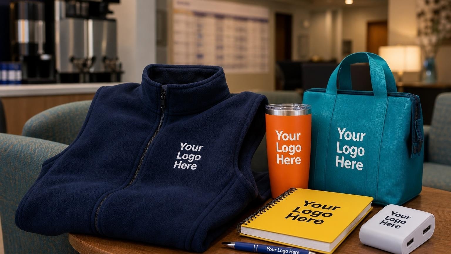 A high-quality navy fleece vest with a subtle custom emblem resting on a table in a chilly physician lounge.