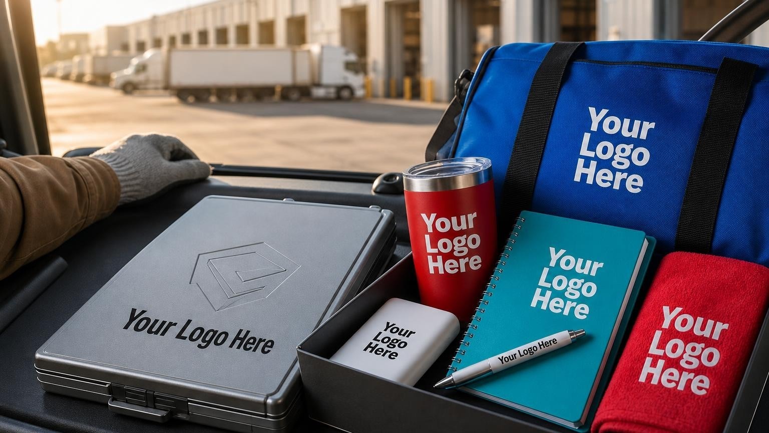 A custom-branded aluminum clipboard case resting on a truck dashboard with a blurred shipping dock in the background.