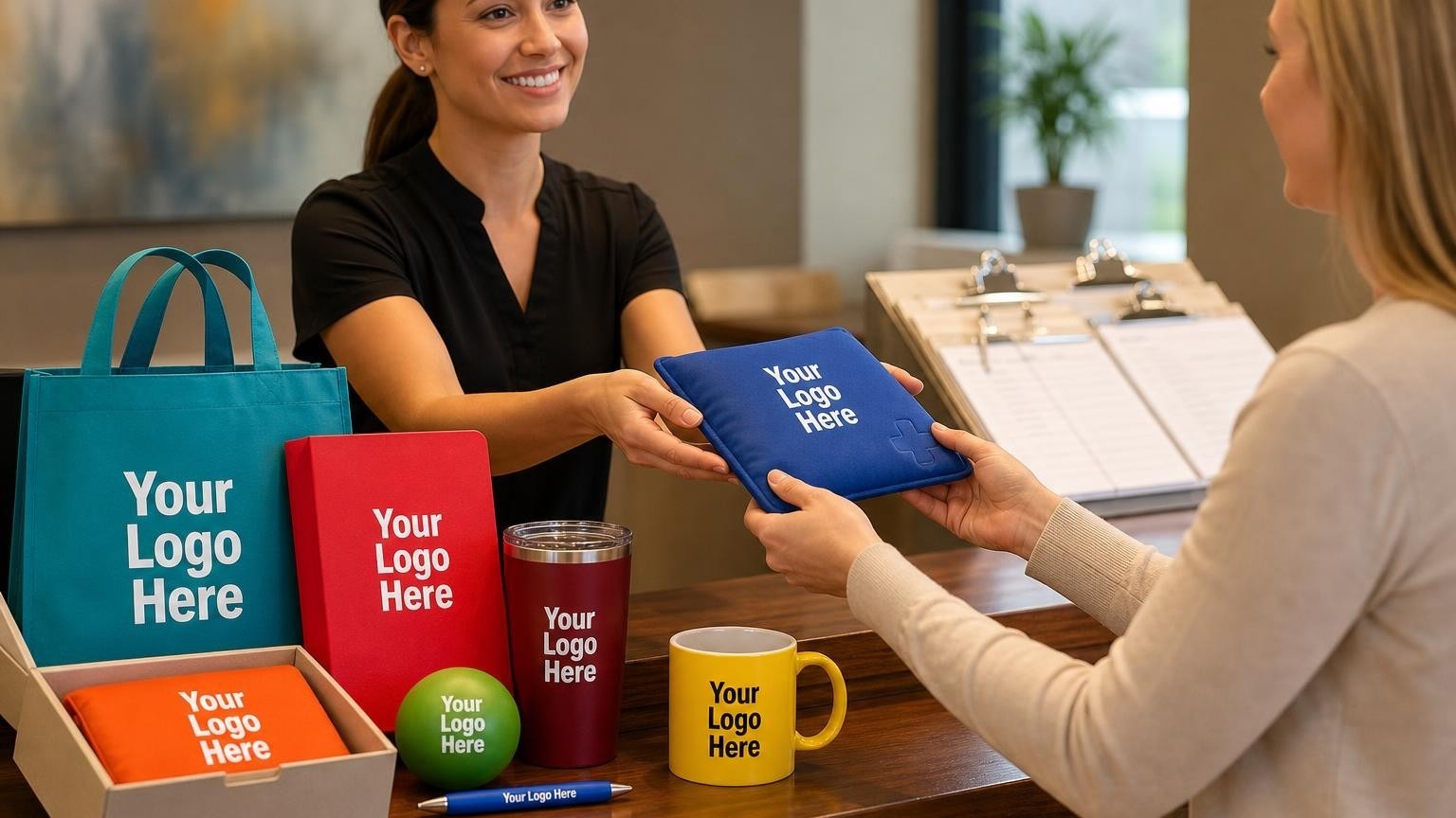 A clinic receptionist handing a custom therapeutic gel pack to a patient over a reception counter in a modern pain management clinic.