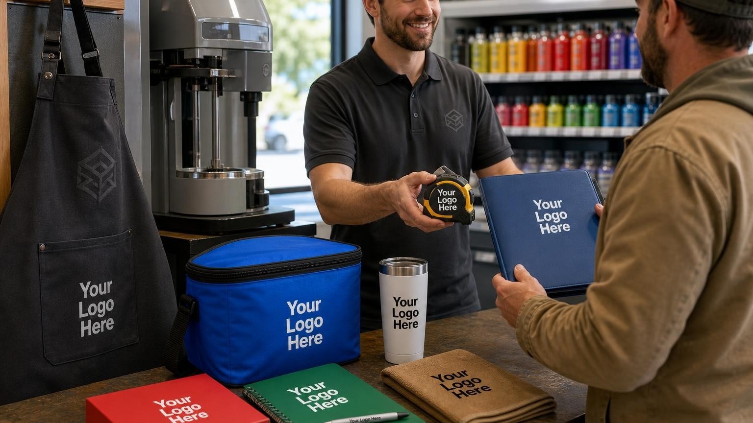 A custom charcoal canvas apron and contractor welcome kit at a paint store mixing counter.
