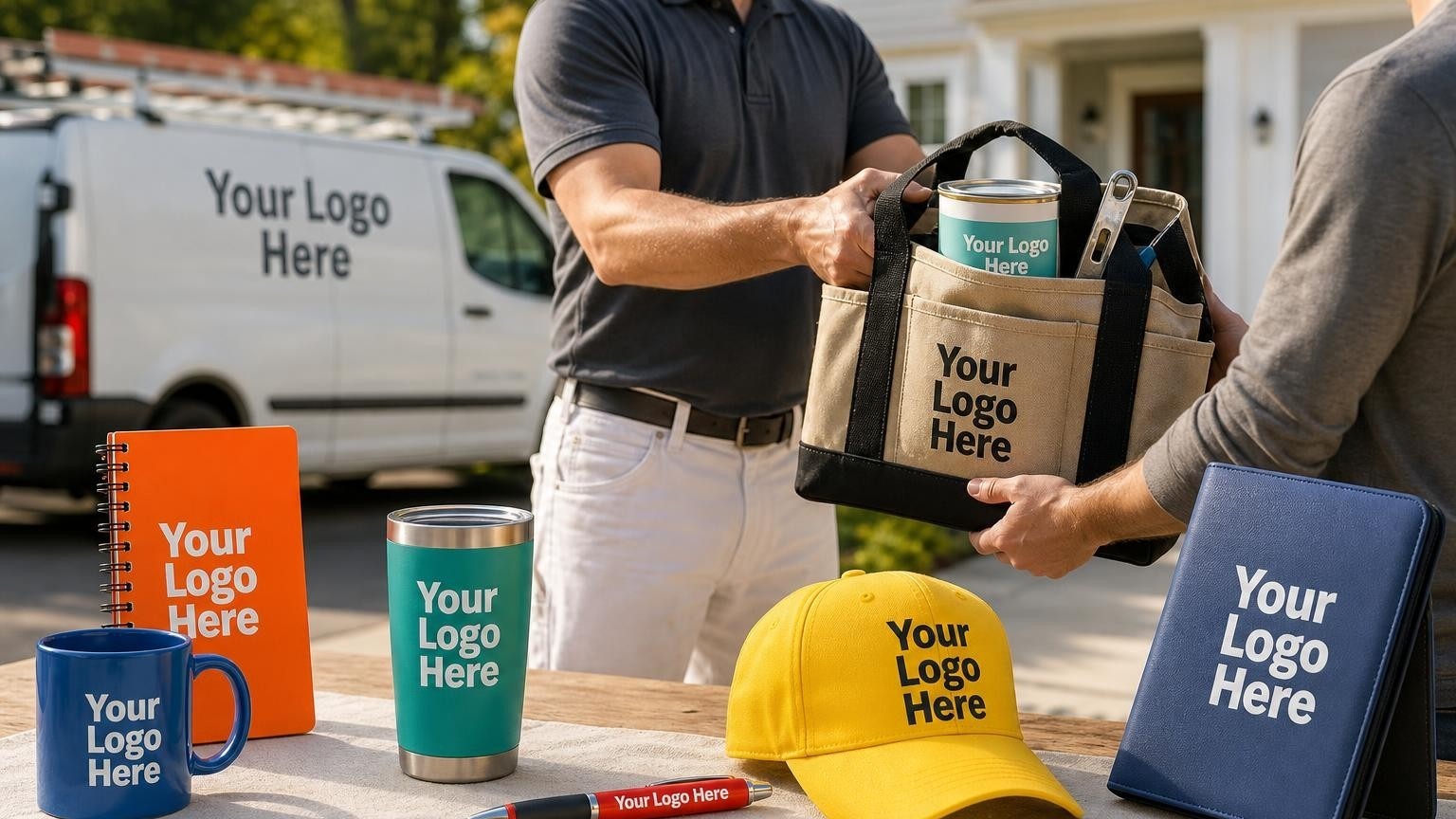A professional painting contractor hands a custom touch-up kit in a canvas bag to a homeowner on a driveway.
