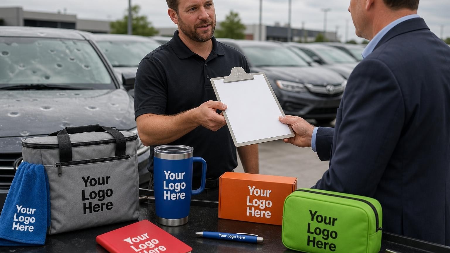 A mobile paintless dent repair technician hands a heavy-duty custom clipboard to an insurance adjuster on a storm-damaged auto dealership lot.