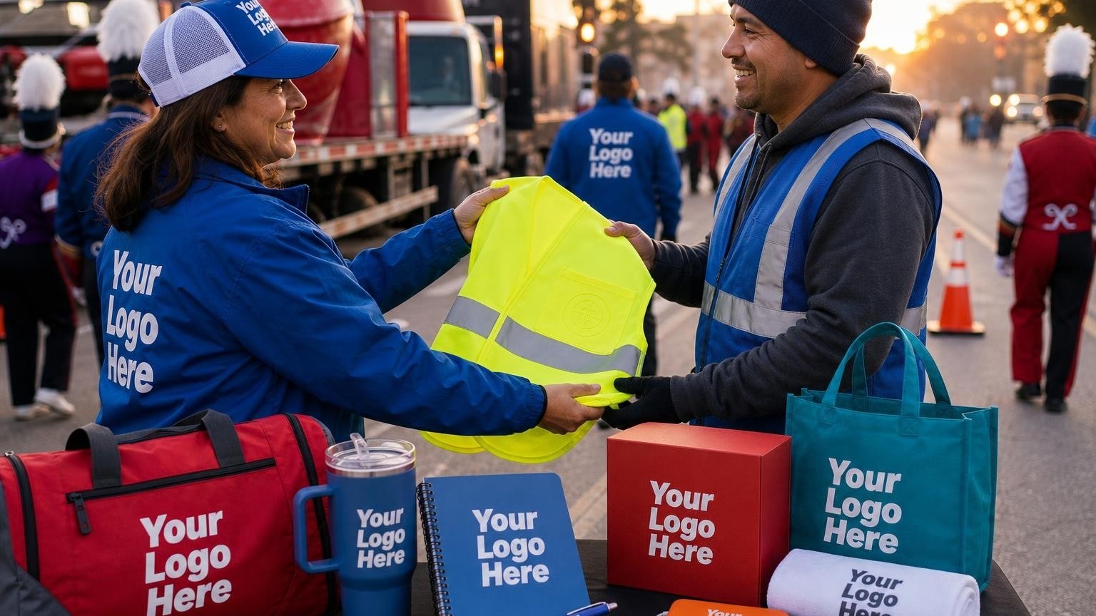 A volunteer coordinator handing a high-visibility custom safety vest to a street marshal in a busy parade staging area at dawn.