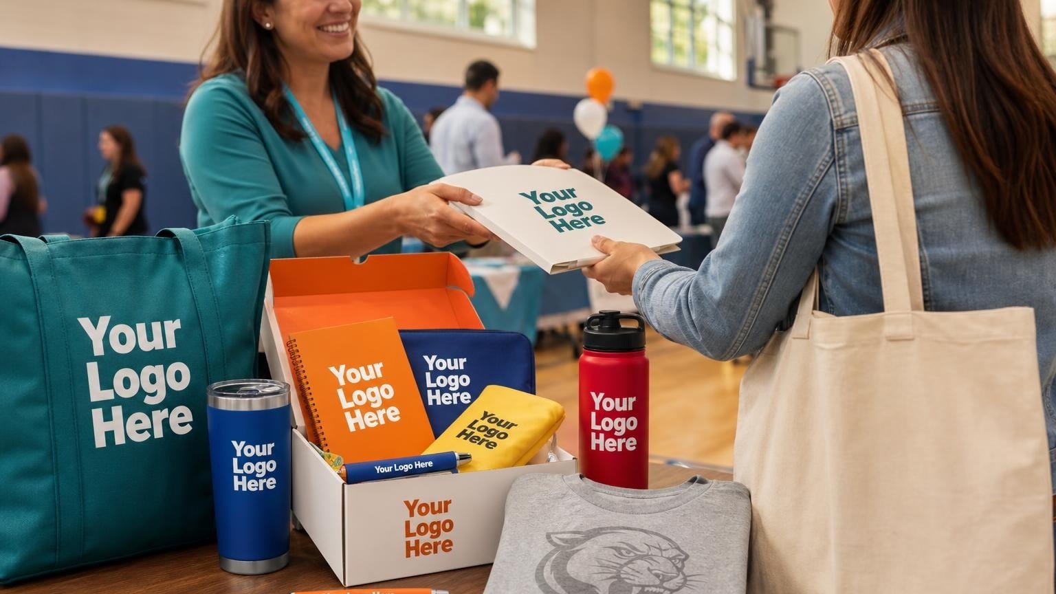 A custom school t-shirt on a registration table at a busy back-to-school night event in a school gymnasium.