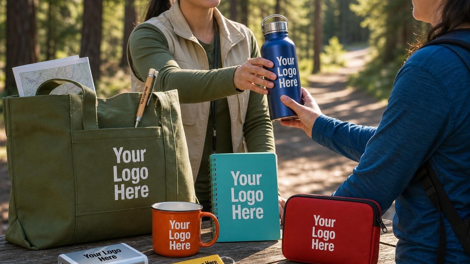 A custom olive green canvas welcome tote bag with a debossed leaf emblem on a rustic trailhead table, being packed by a park volunteer coordinator.