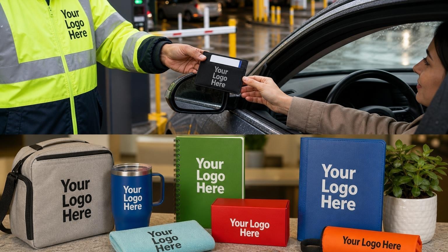 A parking attendant handing a custom visor card organizer to a driver at a garage entrance gate.
