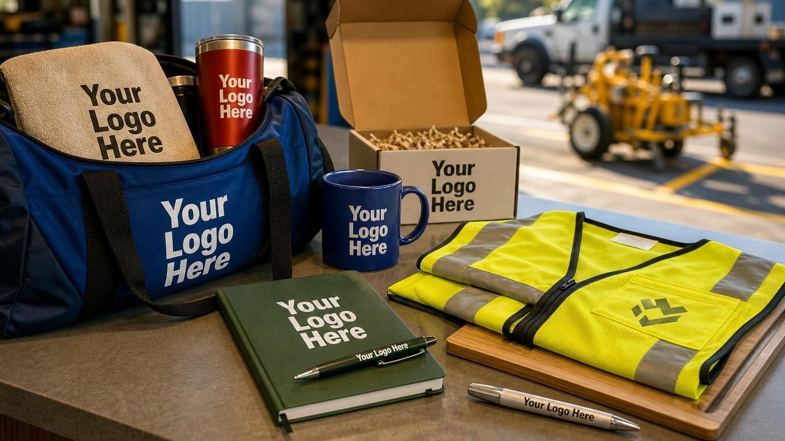 A high-visibility safety vest and heavy-duty pen on a clipboard in a commercial paving contractor's office.