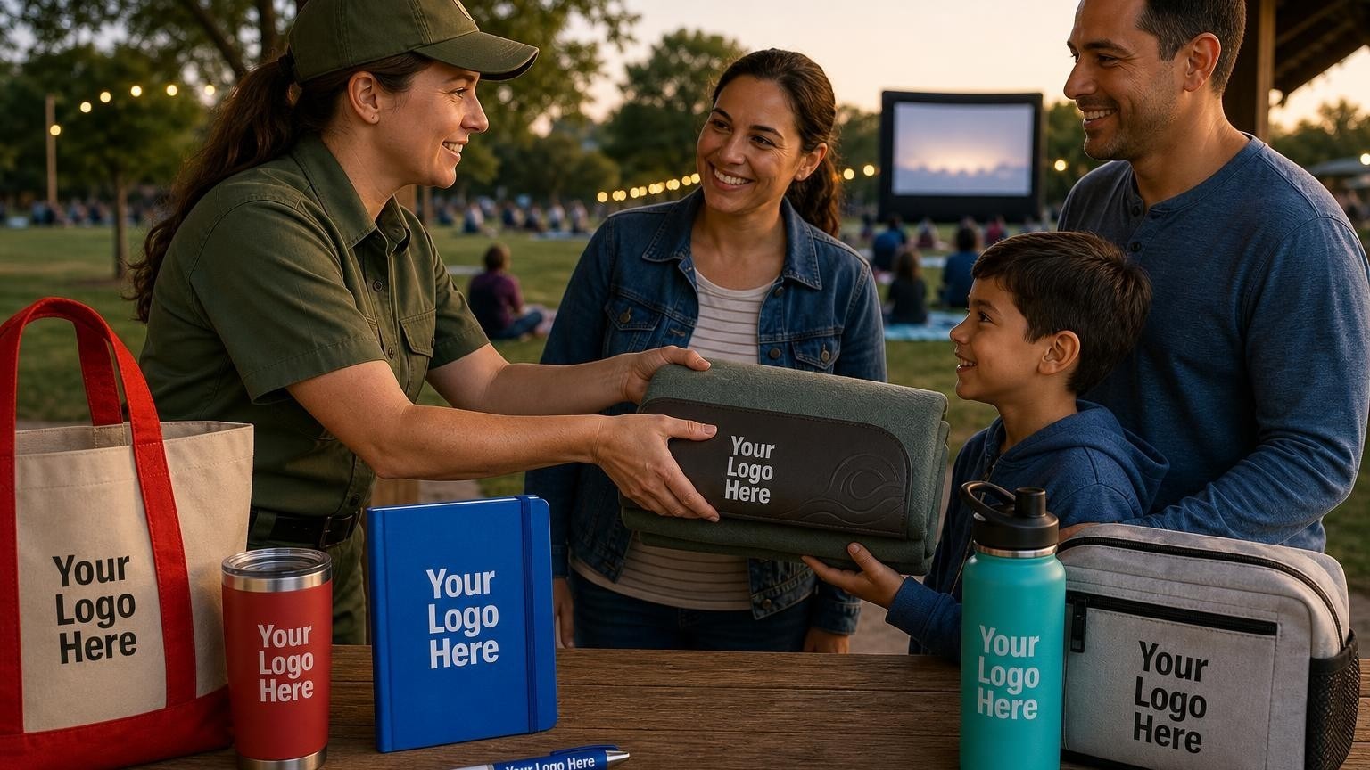 A custom water-resistant picnic blanket being handed out by a park ranger at a municipal community movie night.