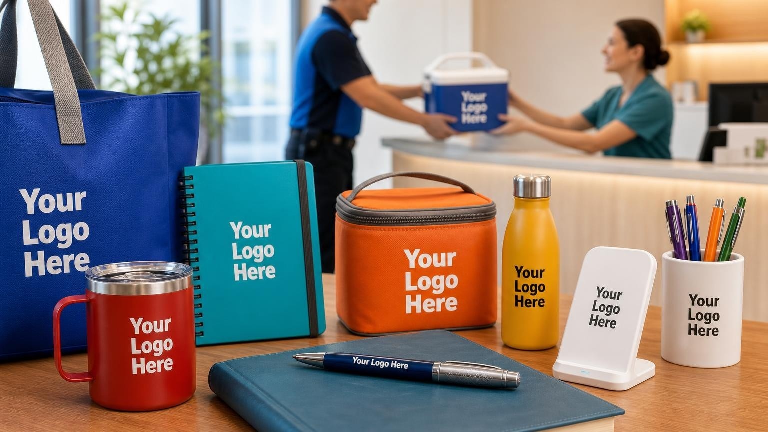 A custom metal pen and leather journal on a doctor's desk with a blurred background showing a lab courier handing a specimen cooler to a clinic receptionist.