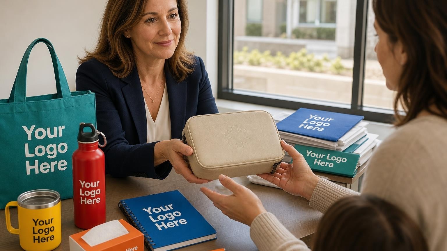 A patient advocate handing a custom first aid kit to a family member in a hospital office.