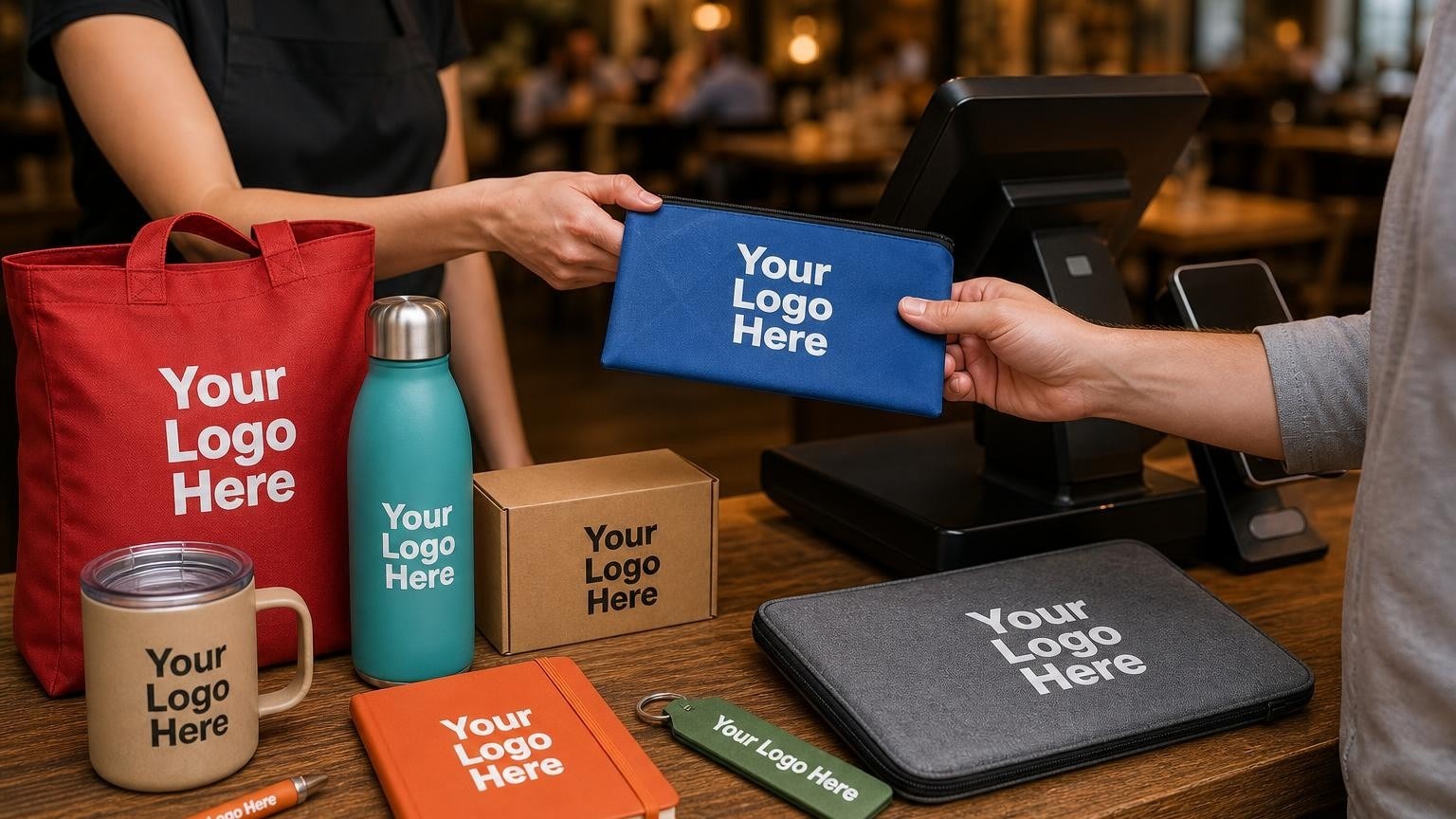 A cashier's hands cleaning a smart terminal screen with a custom microfiber cloth at a restaurant checkout counter.