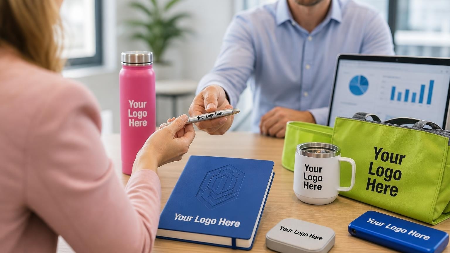 A high-quality custom journal and pen being presented to an HR administrator in a professional office setting, representing a successful payroll onboarding milestone.