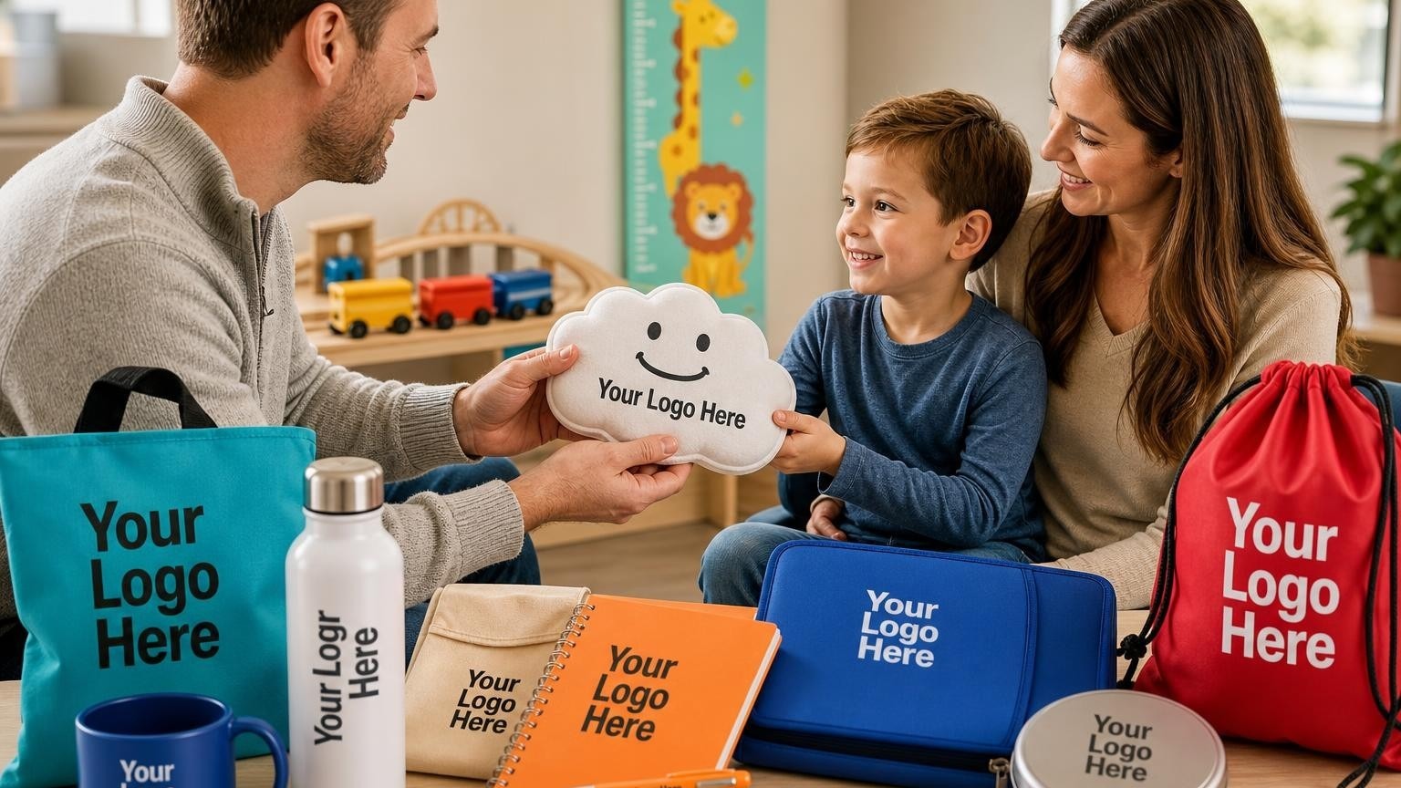 A pediatric chiropractor handing a custom cloud-shaped ice pack to a young child in a warm, welcoming clinic waiting room.