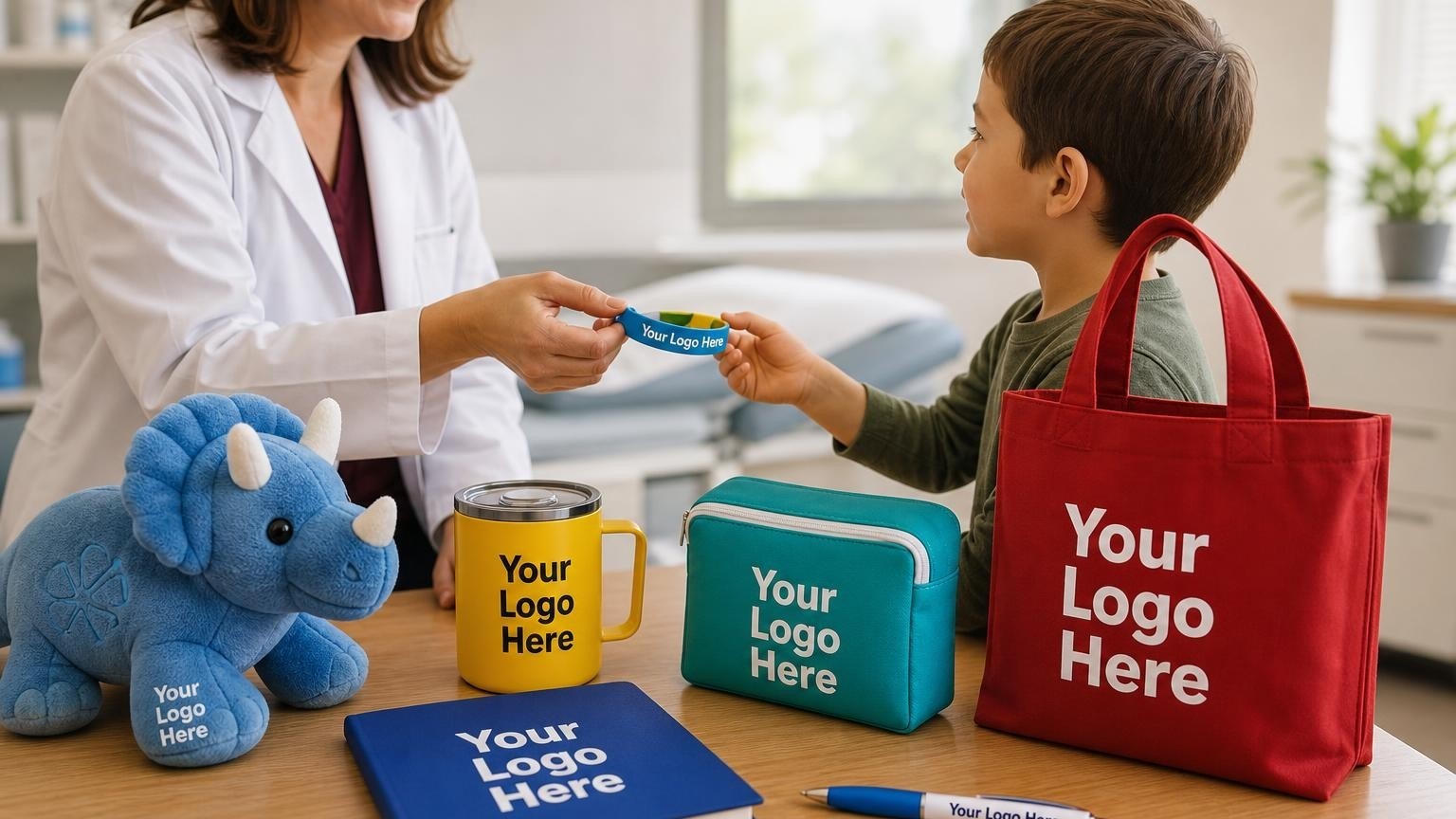 A custom-branded plush toy and UV wristband being handed to a child in a pediatric dermatology clinic.