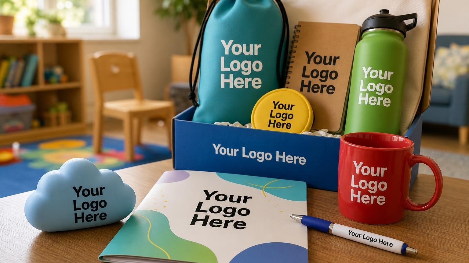 A custom blue cloud-shaped stress ball resting on a wooden table in a pediatric clinic waiting room.