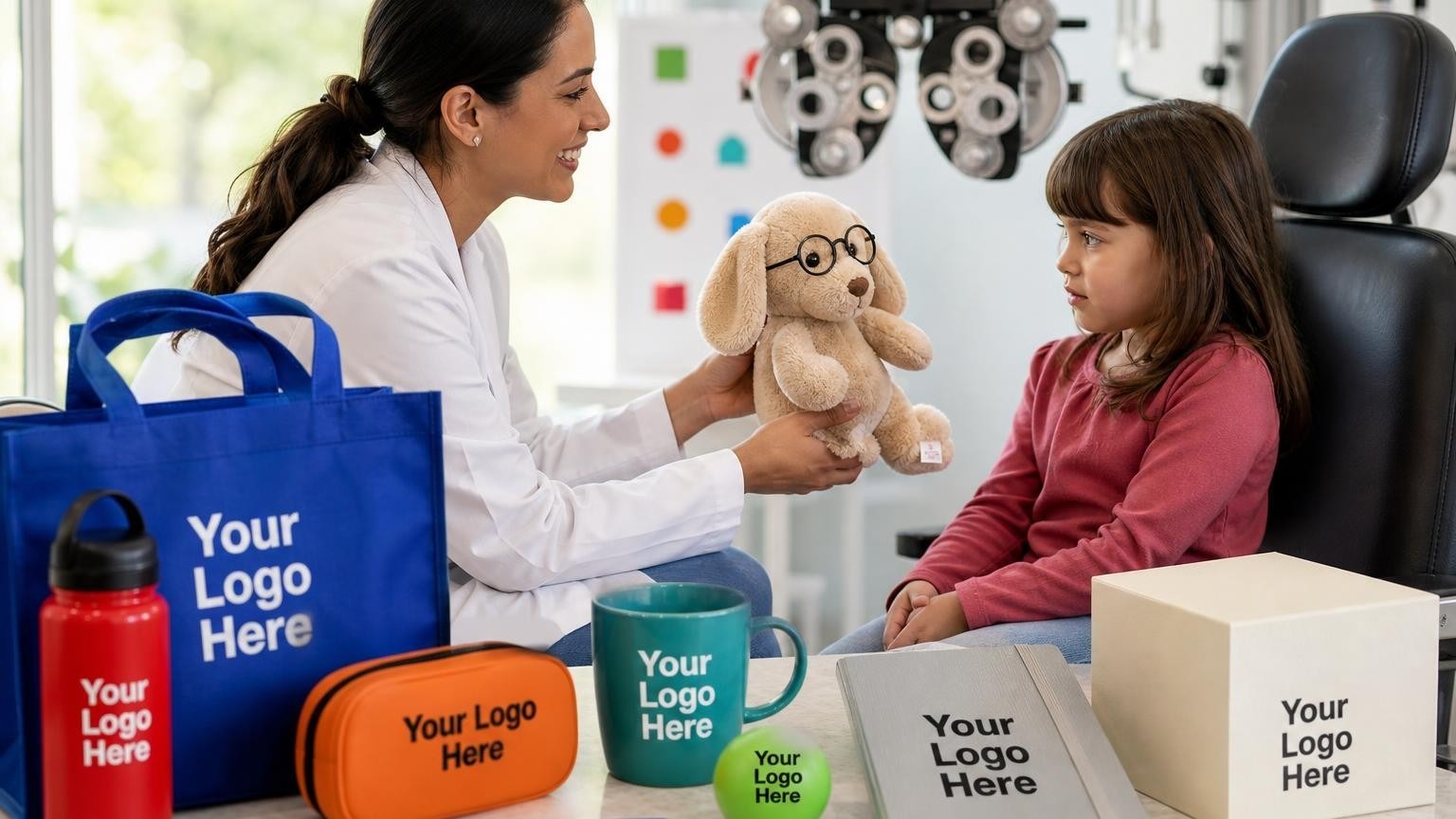 A pediatric optometrist handing a custom stuffed plush animal wearing glasses to a young patient in an exam chair.
