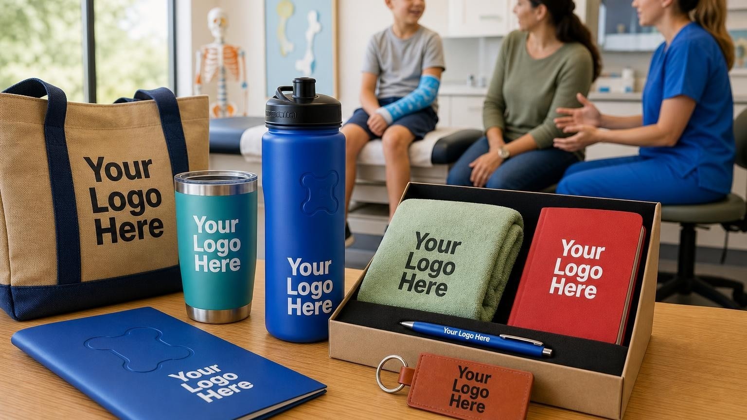 A custom blue sports water bottle sitting on an examination room desk in a pediatric orthopedic clinic, with a child in a cast and a doctor in the background.