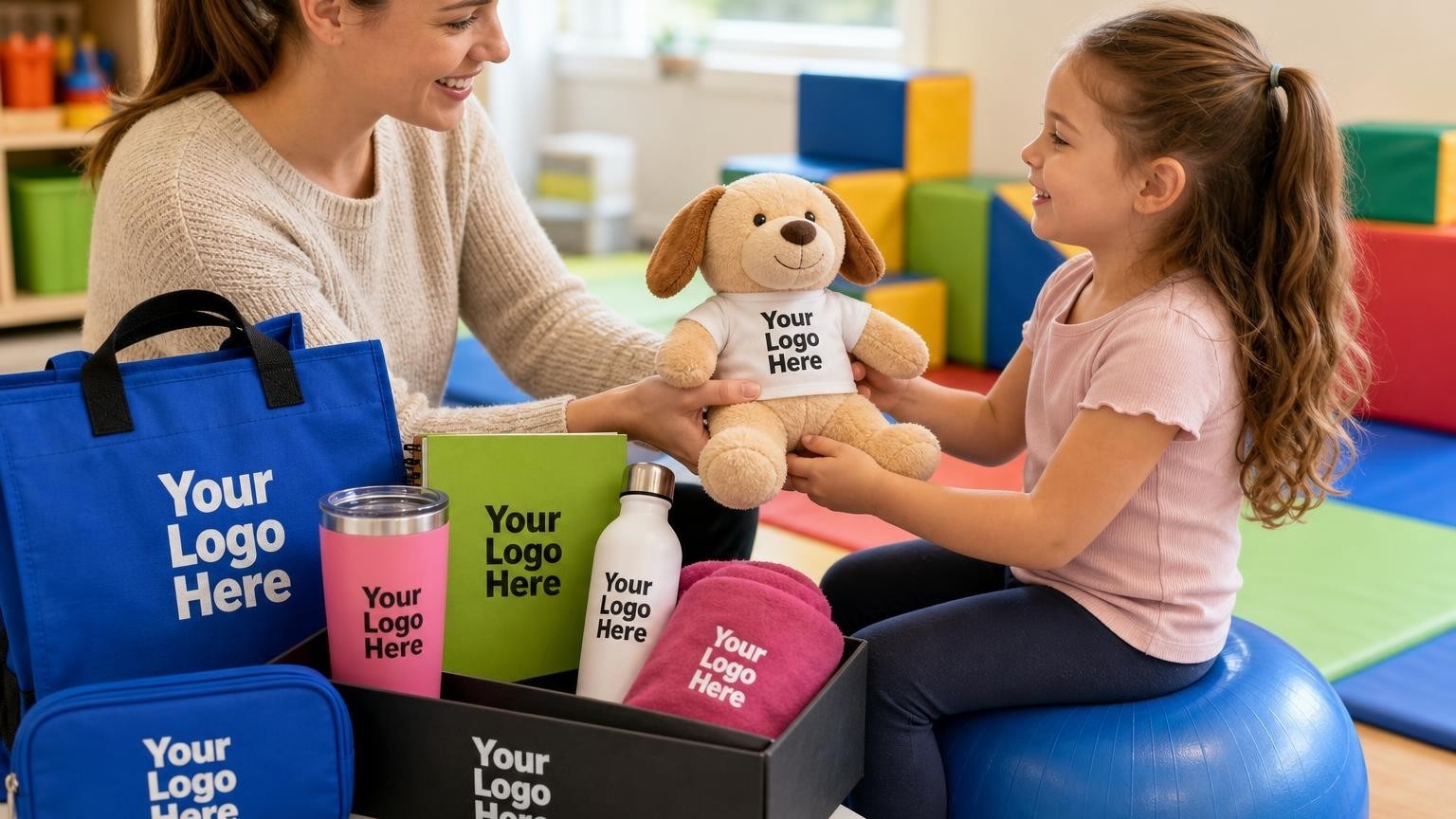 A pediatric therapist handing a custom-branded plush puppy to a child in a colorful therapy room.