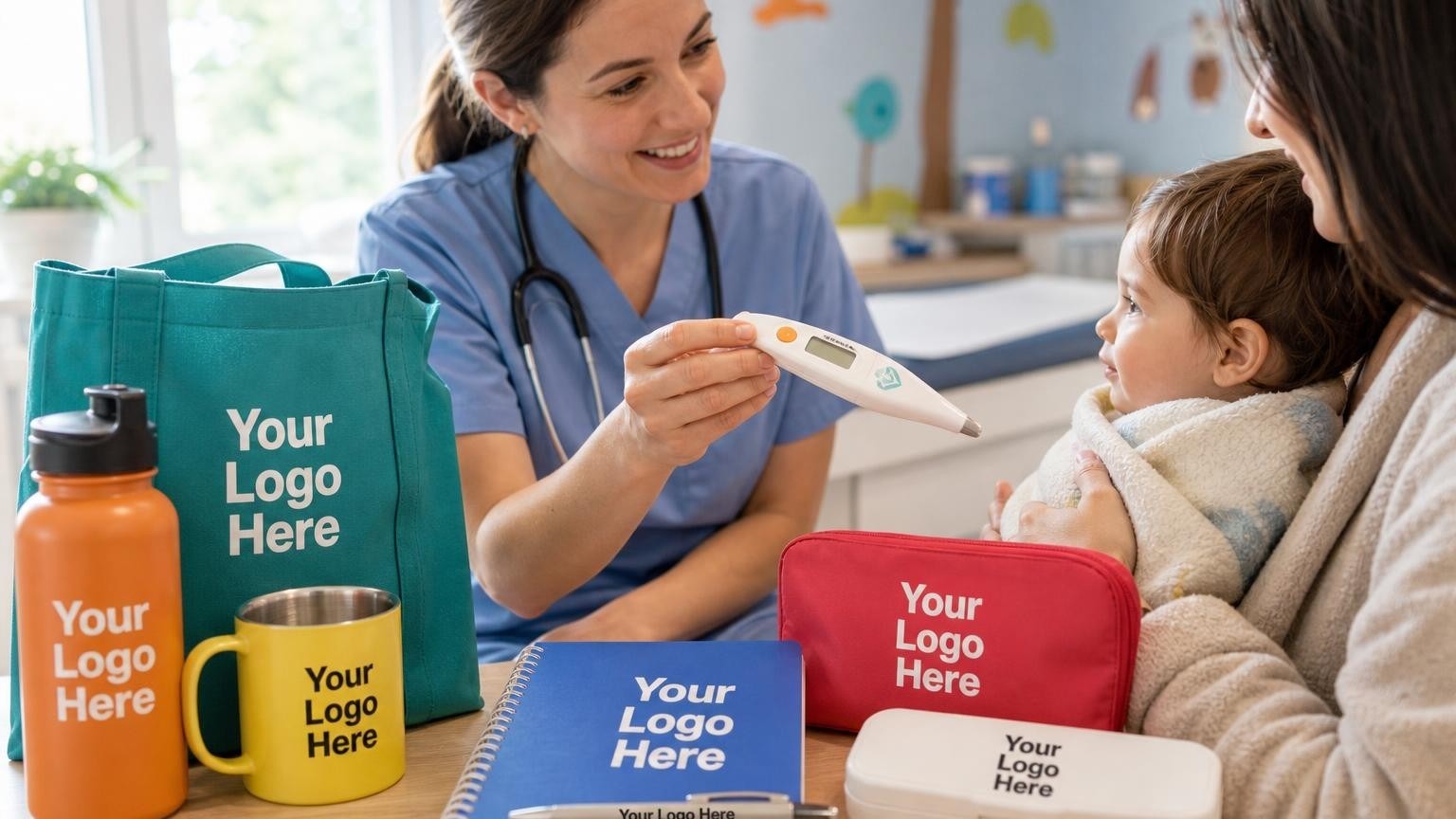 A pediatrician handing a custom digital thermometer to a parent in a pediatric urgent care exam room.